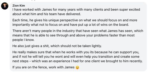 Facebook testimonial from Zion Kim: 'He is able to see through and above your problems faster than most people I know.'